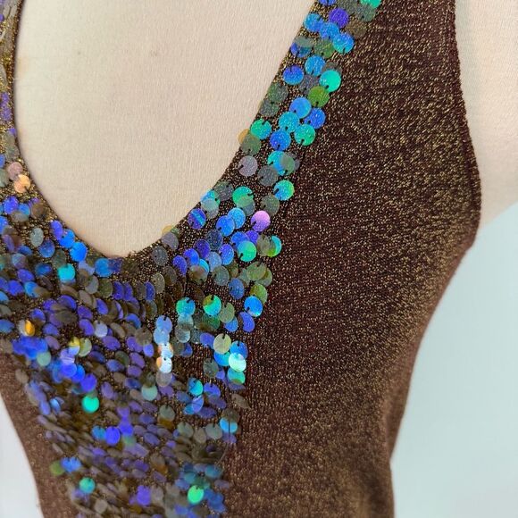 Necessary Objects Vintage Brown Knit Sequin Front V-Neck Sleeveless Top Medium - Picture 3 of 7